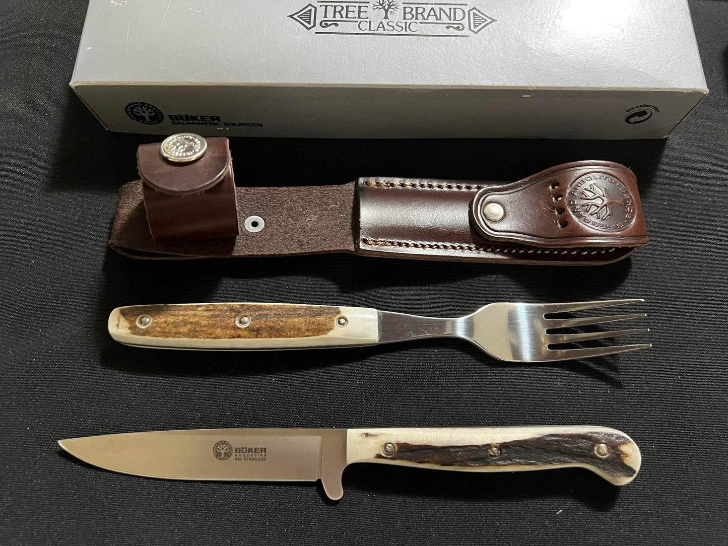 Boker Arbolito, Set de Cuchillo y Tenedor, Mango de Asta de Ciervo